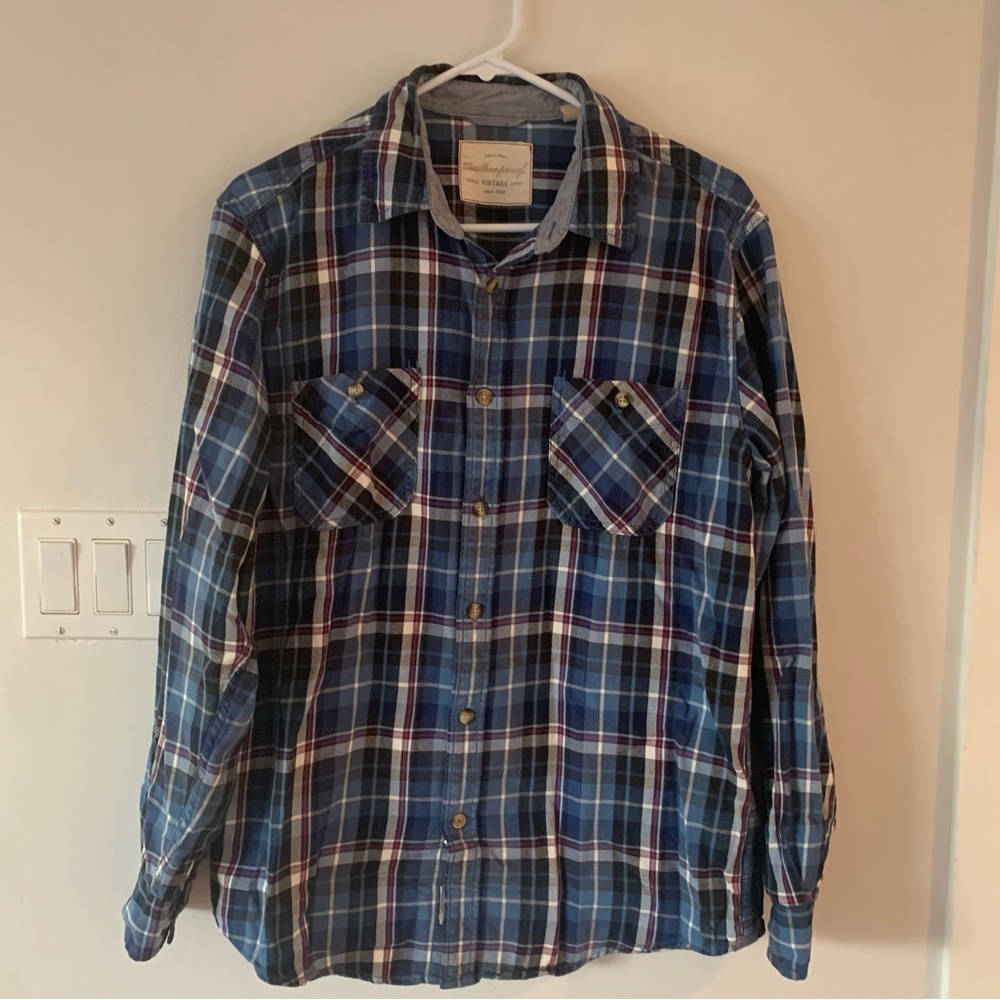 Original Weatherproof Vintage Blue Plaid Shirts Mens Medium M Western